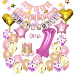 Joya Beauty® 1 Jaar Verjaardag Versiering Set Roze | Baby | 1ste Verjaardagskroon | Happy Birthday Slinger Ballonnen | Meisje